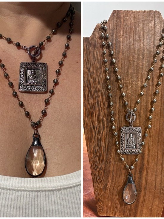 Jewelry - Layered Brown Bead Pendant Necklace with Clear Teardrop & Budha pendant set
